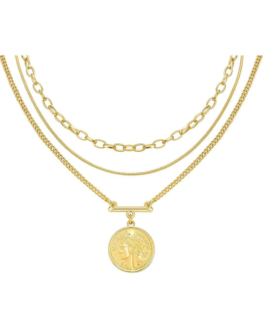 Gold Layered Necklaces for Women Girls Dainty Layering Coin Lock Eye Snake Pendant Jewelry Gifts