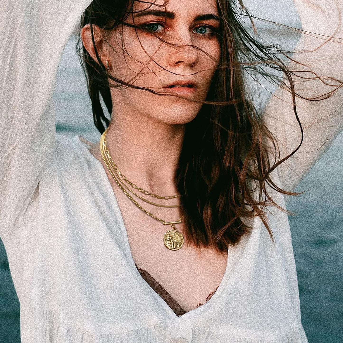 Gold Layered Necklaces for Women Girls Dainty Layering Coin Lock Eye Snake Pendant Jewelry Gifts