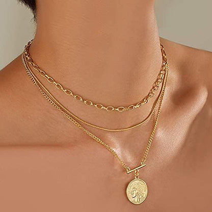 Gold Layered Necklaces for Women Girls Dainty Layering Coin Lock Eye Snake Pendant Jewelry Gifts